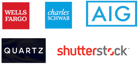 Client logos: Wells Fargo, Charles Schwab, AIG, Quartz, and Shutterstock.